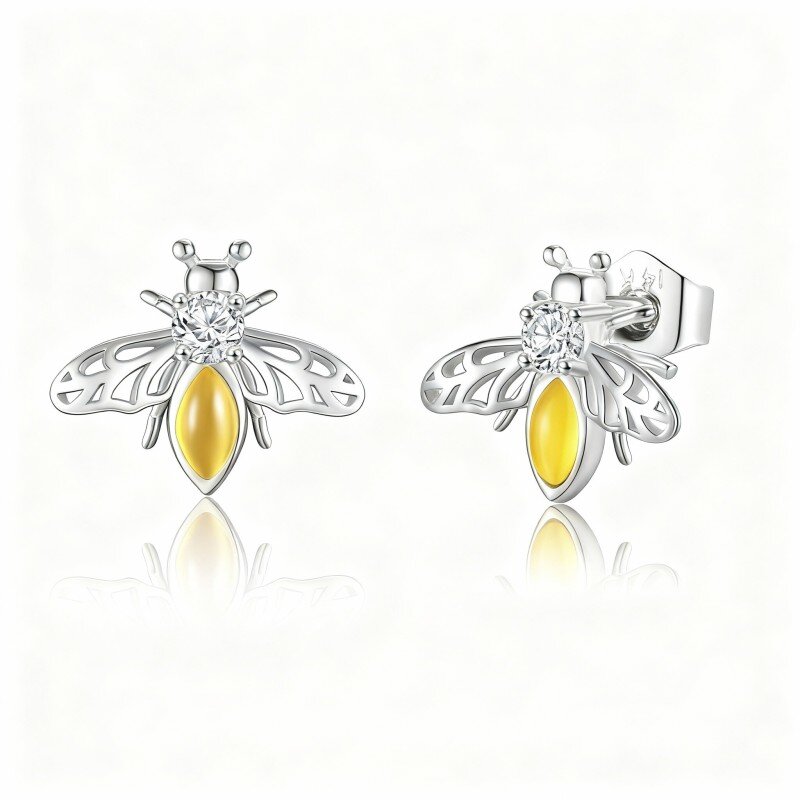 Brincos de abelha em ouro branco de 10 quilates com zircónias cúbicas e âmbar.-4