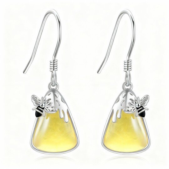 أقراط متدلية من الذهب الأبيض عيار 10 قيراط على شكل نحلة كهرمان ومثلث