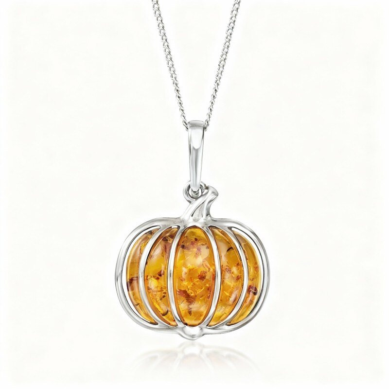 Platinum with White Gold Plated Amber Pumpkin Pendant Necklace-1