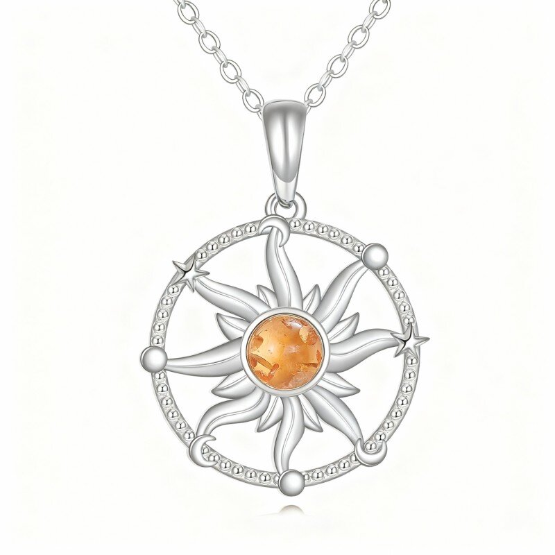 Halskette aus Platin mit weißgoldplattiertem Bernstein-Sonnenanhänger-1