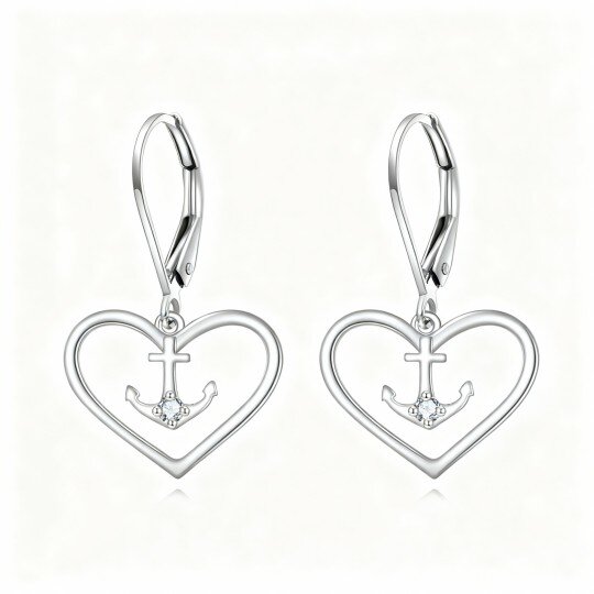 10K White Gold Cubic Zirconia Anchor & Heart Lever-back Earrings