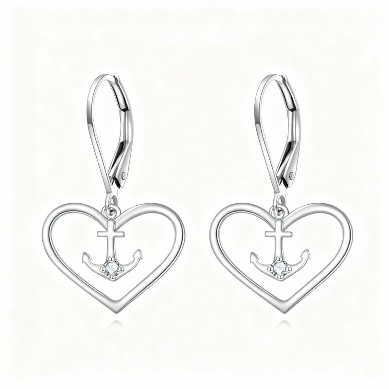 10K White Gold Cubic Zirconia Anchor & Heart Lever-back Earrings-7