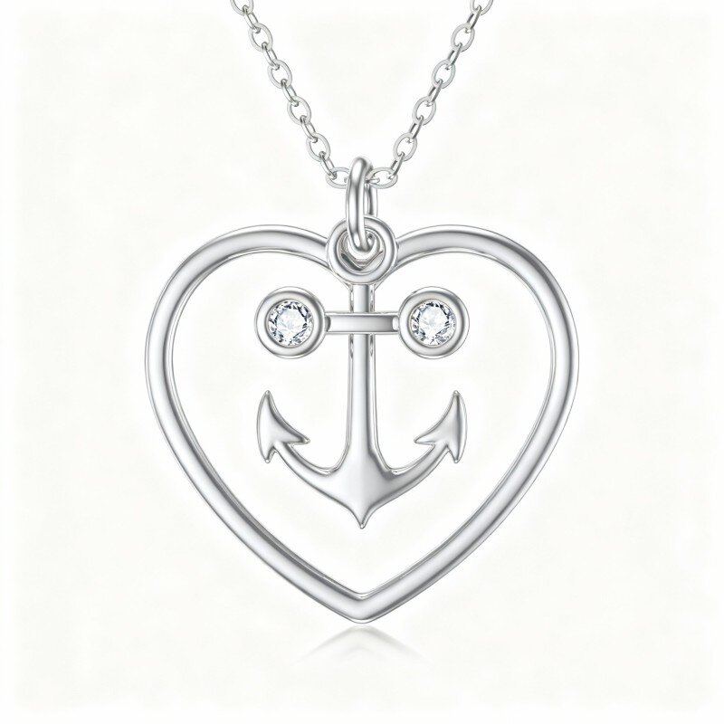 10K White Gold Cubic Zirconia Anchor & Heart Pendant Necklace-13