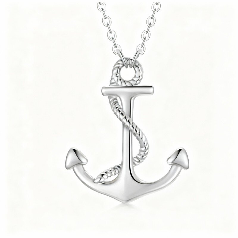 10K White Gold Anchor Pendant Necklace-7