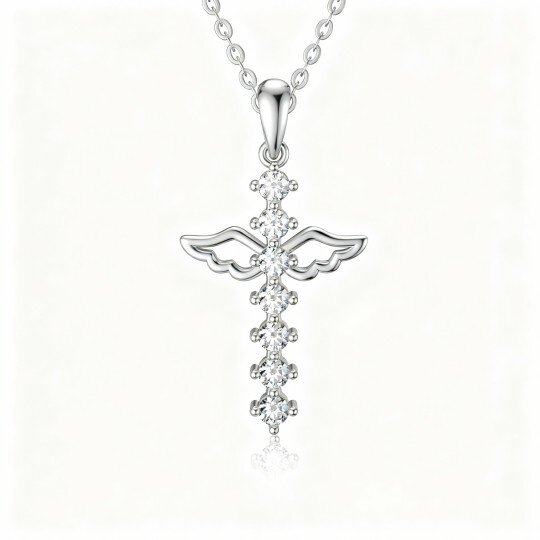 10K White Gold Cubic Zirconia Angel Wing & Cross Pendant Necklace