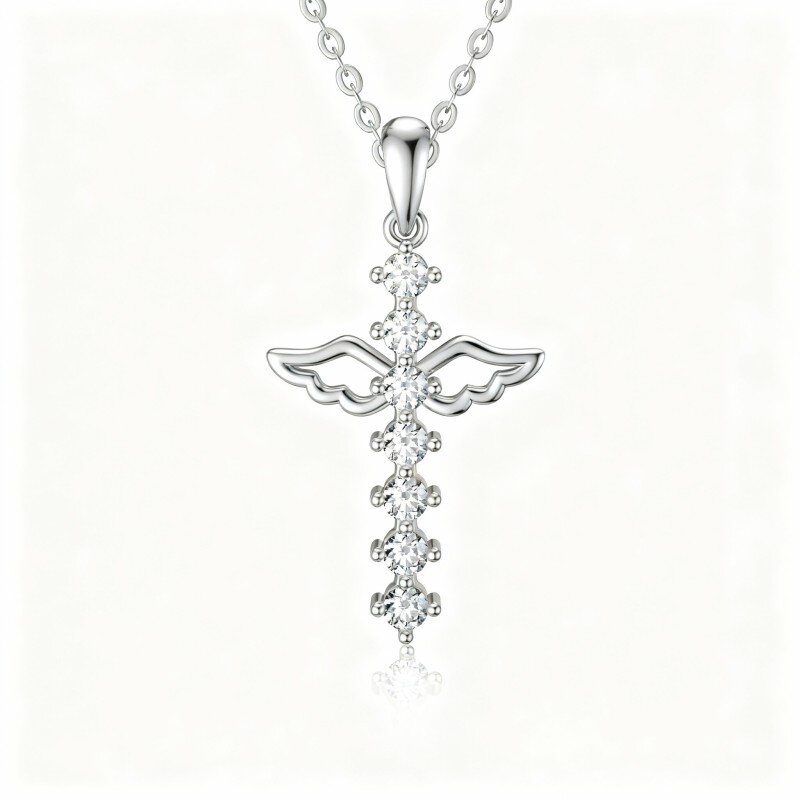 10K White Gold Cubic Zirconia Angel Wing & Cross Pendant Necklace-15