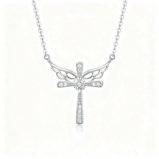 10K White Gold Cubic Zirconia Angel Wing & Cross Pendant Necklace