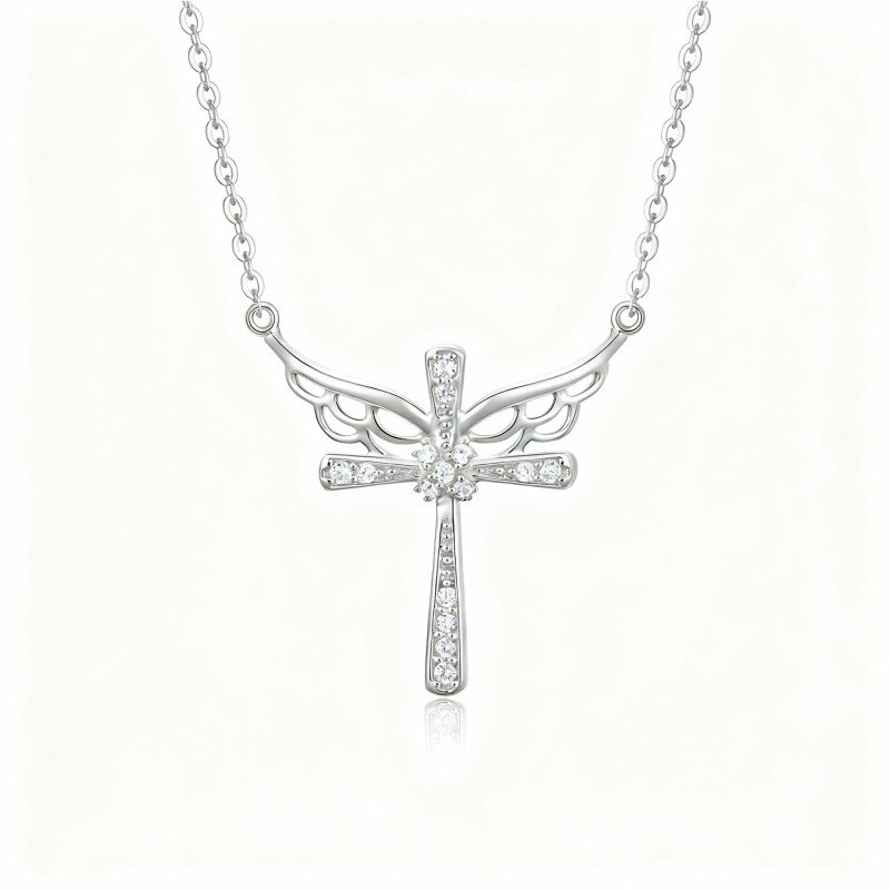 10K White Gold Cubic Zirconia Angel Wing & Cross Pendant Necklace-10