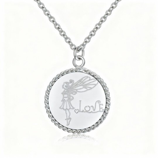 Colar com pendente de asa de anjo e moeda de fada em ouro branco de 10 quilates com palavra gravada.