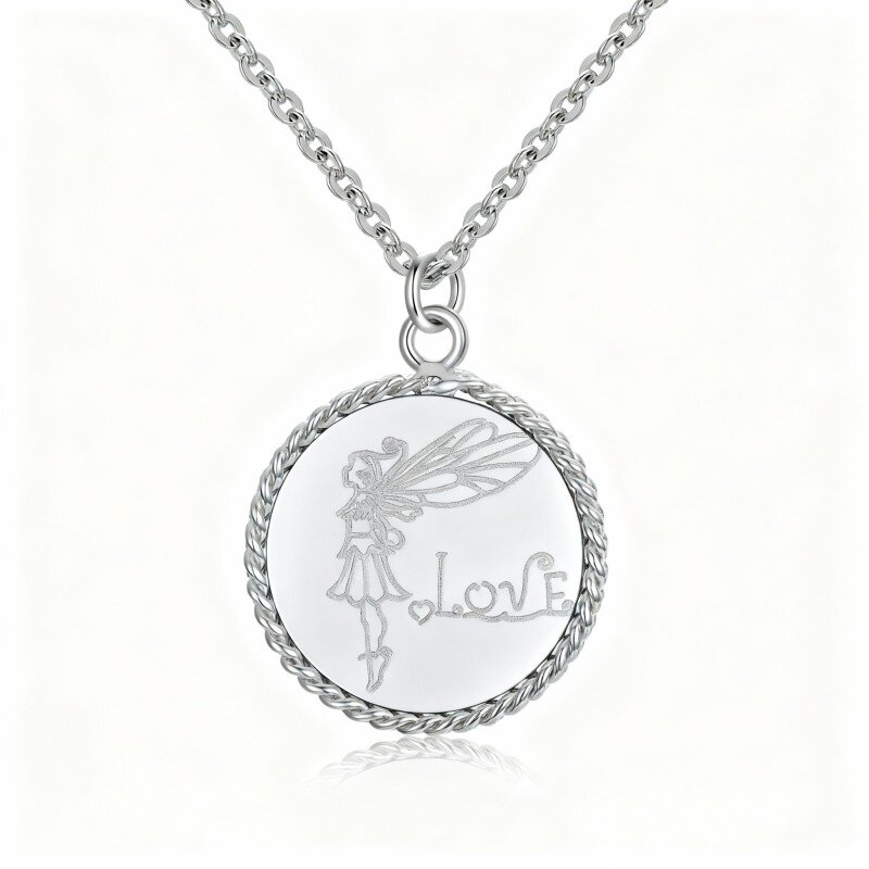 Colar com pendente de asa de anjo e moeda de fada em ouro branco de 10 quilates com palavra gravada.-16