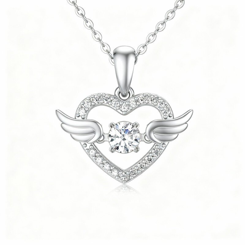 Colar com pendente de asa de anjo e coração em ouro branco 10K com zircónias cúbicas-10