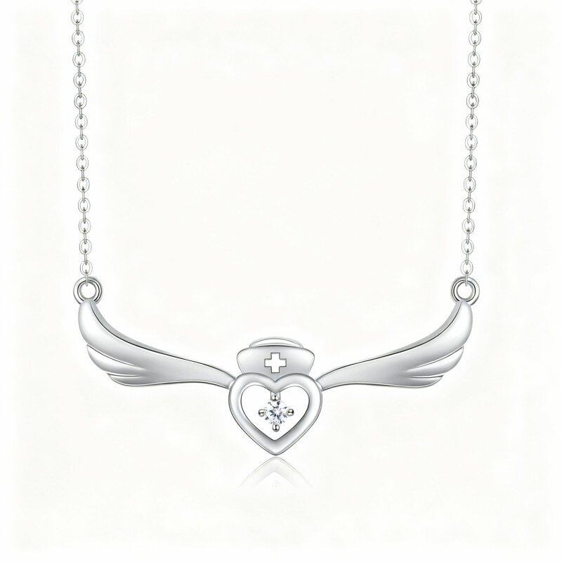 Colar com pendente de asa de anjo e coração em ouro branco 10K com zircónias cúbicas-11