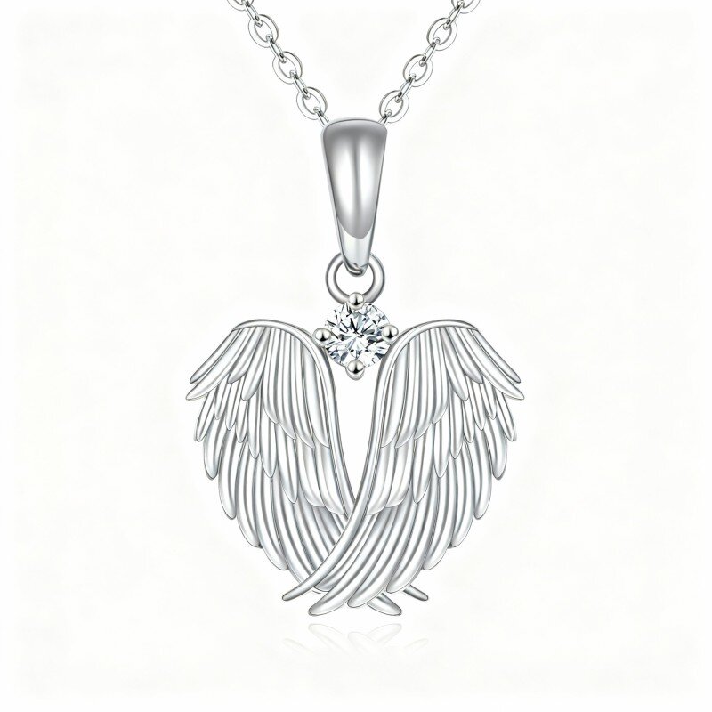 10K White Gold Cubic Zirconia Angel Wing & Heart Pendant Necklace-11