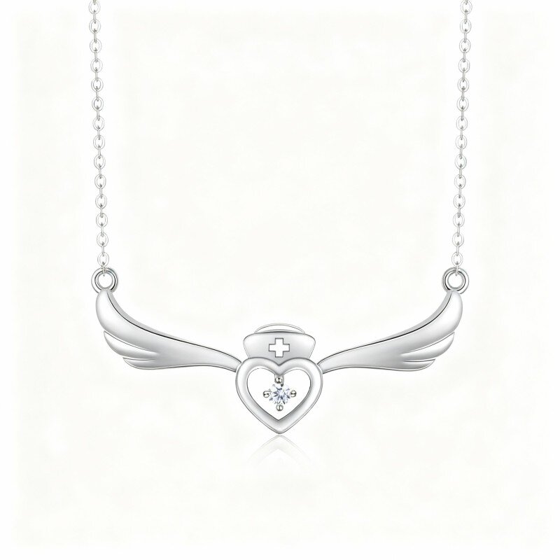 10K White Gold Cubic Zirconia Angel Wing & Heart Pendant Necklace-14