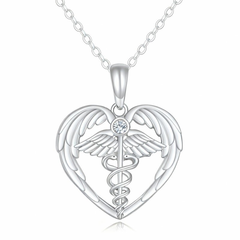 10K White Gold Cubic Zirconia Angel Wing & Heart Pendant Necklace-18