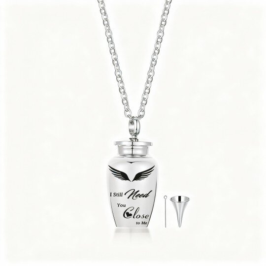 Colar com pendente de asa de anjo em ouro branco de 10 quilates para guardar cinzas.