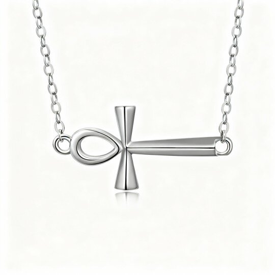 Colar com pendente Ankh e cruz em ouro branco 10K