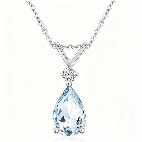 9K White Gold Aquamarine Drop Shape Pendant Necklace