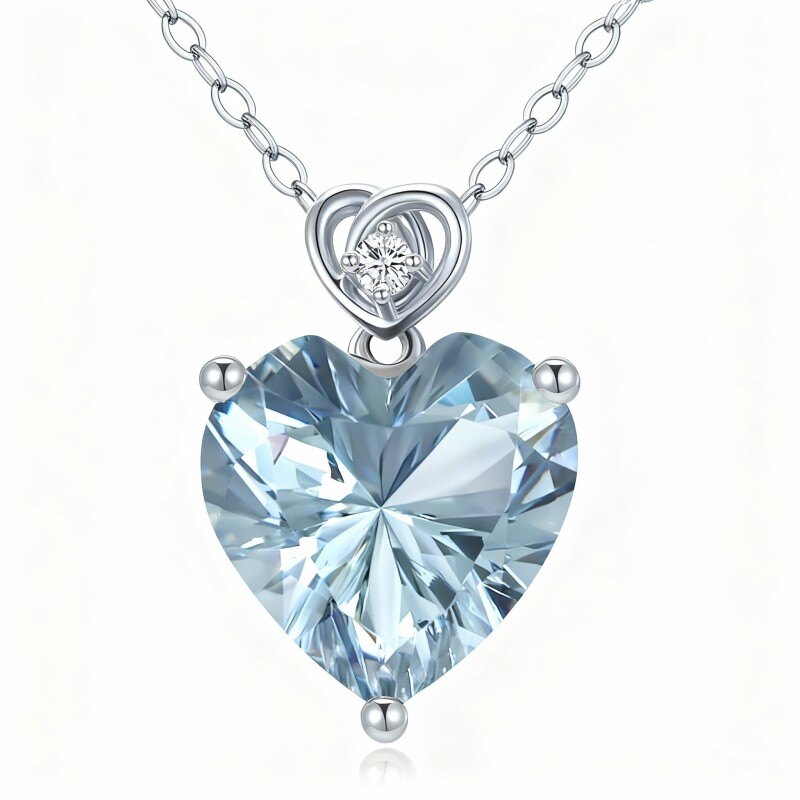 10K White Gold Aquamarine & Moissanite Rose & Heart Pendant Necklace-1