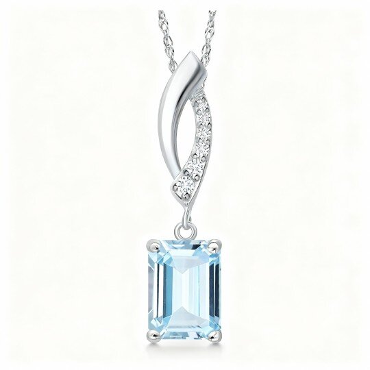 10K White Gold Aquamarine & Moissanite Square Pendant Necklace