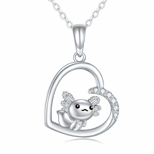 10K White Gold Cubic Zirconia Axolotl & Heart Pendant Necklace
