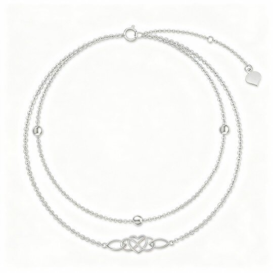 10K White Gold Bead & Celtic Knot & Heart Multi-layered Charm Anklet
