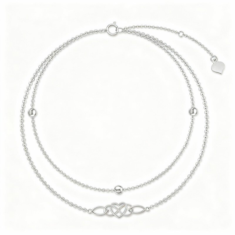 Tobillera de oro blanco de 10 quilates con cuentas, nudo celta y dije de corazón de varias capas-2