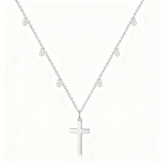 Colar com pendente de cruz e contas em ouro branco 10K