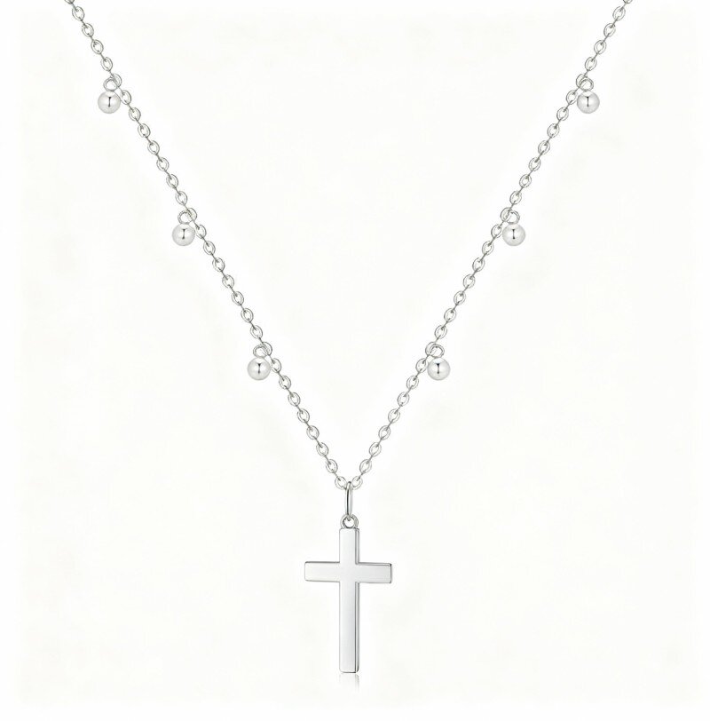 10K White Gold Bead & Cross Pendant Necklace-16