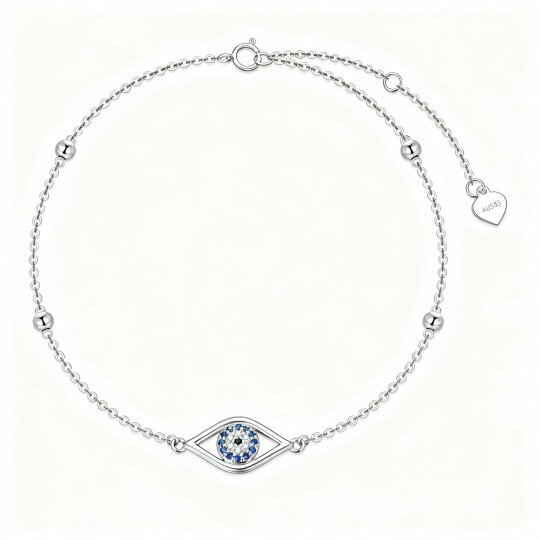 10K White Gold Cubic Zirconia Bead & Evil Eye Charm Bracelet