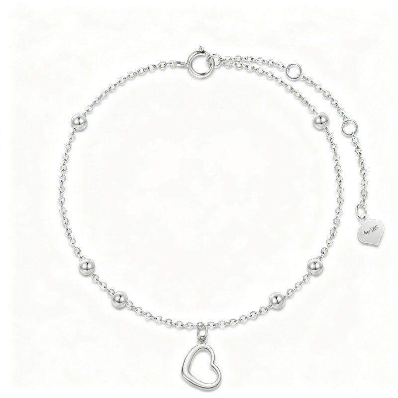 Bracciale con perline e ciondolo a forma di cuore in oro bianco 10K-15