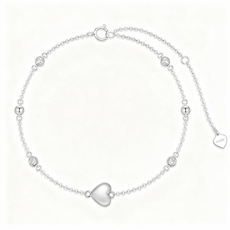 Pulseira de contas e pendente coração em ouro branco 10K-17