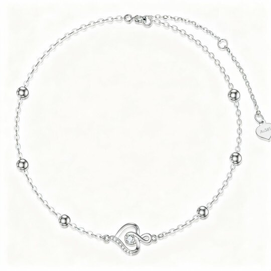 10K White Gold Cubic Zirconia Bead & Heart & Infinity Symbol Charm Bracelet