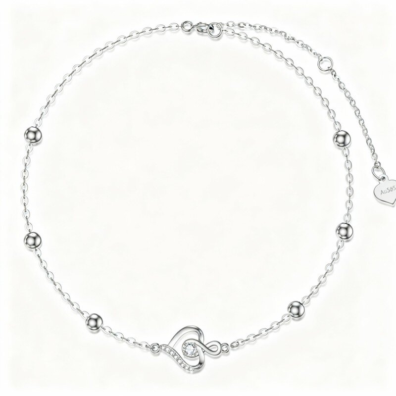 10K White Gold Cubic Zirconia Bead & Heart & Infinity Symbol Charm Bracelet-3