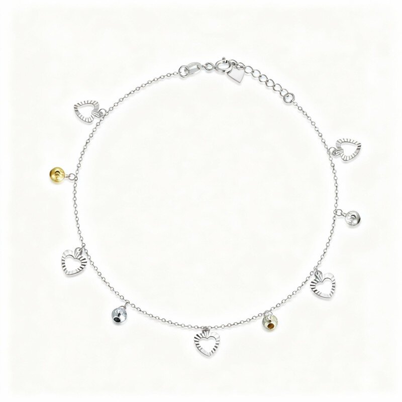 10K White Gold Bead & Heart Single Layer Charm Anklet-7