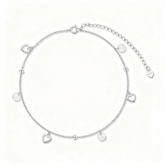 10K White Gold Bead & Heart Single Layer Charm Anklet