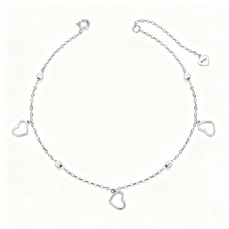 10K White Gold Bead & Heart Single Layer Charm Anklet-8