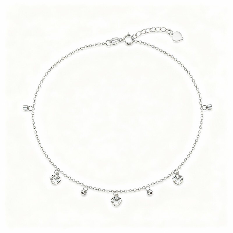10K White Gold Bead & Heart Single Layer Charm Anklet-2