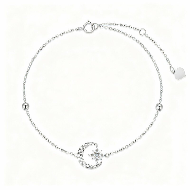 Pulseira em ouro branco de 10 quilates com contas de zircónia cúbica e pendente de lua e estrela.-17