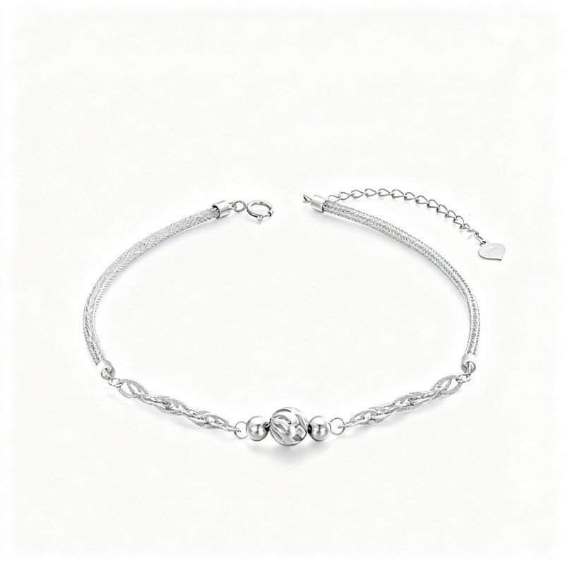 10K White Gold Bead Single Layer Charm Anklet-4