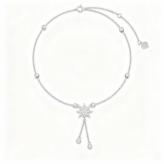 10K White Gold Cubic Zirconia Bead & Star Single Layer Charm Anklet