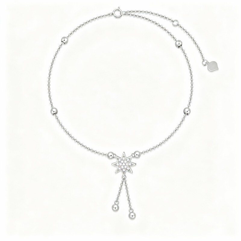 10K Weißgold Zirkonia-Perle & Stern-Charm-Fußkettchen (einlagig)-19
