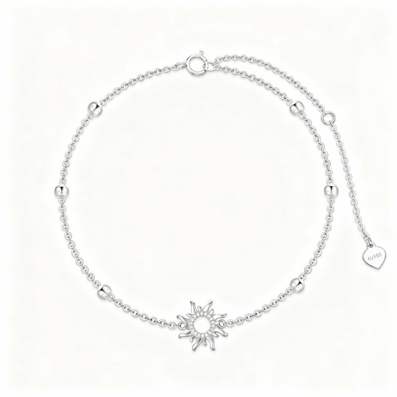 Pulsera de oro blanco de 10 quilates con cuentas de circonita cúbica y dije de sol-3