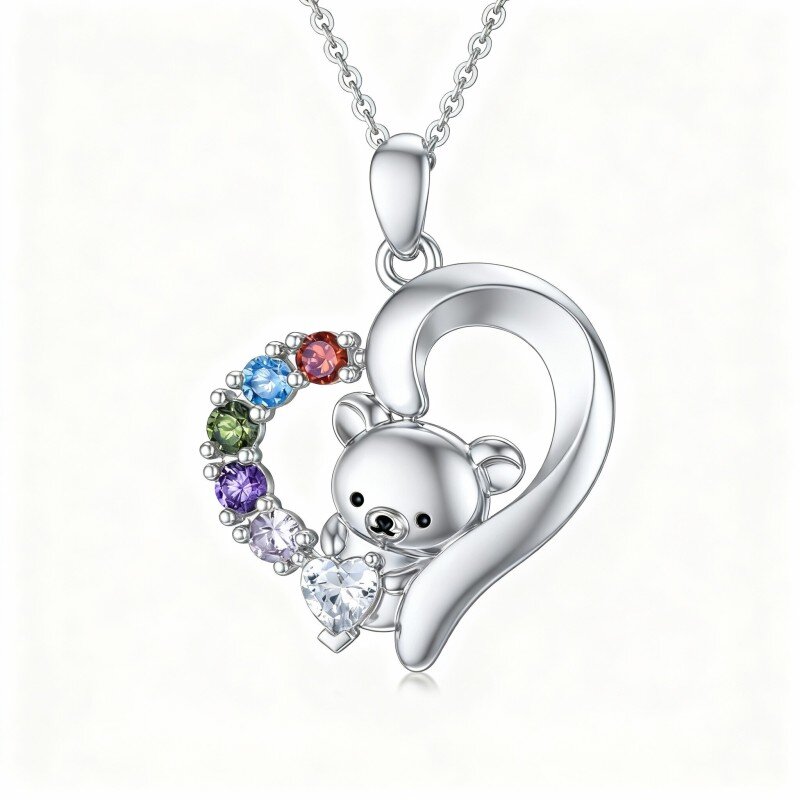 10K White Gold Cubic Zirconia Bear & Heart Pendant Necklace-3
