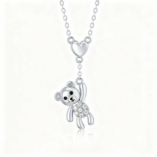 10K White Gold Cubic Zirconia Bear & Heart Pendant Necklace