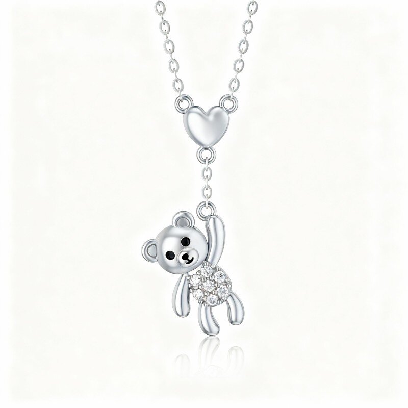 10K White Gold Cubic Zirconia Bear & Heart Pendant Necklace-18