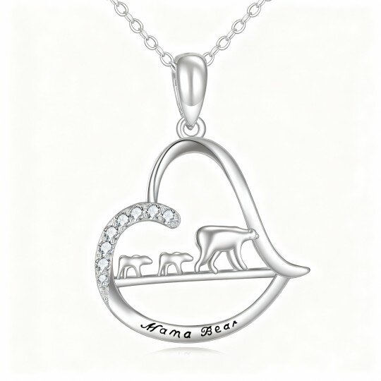 Colar com pendente de urso, pais, filhos e coração em ouro branco 10K com zircónias cúbicas e gravação de palavras.