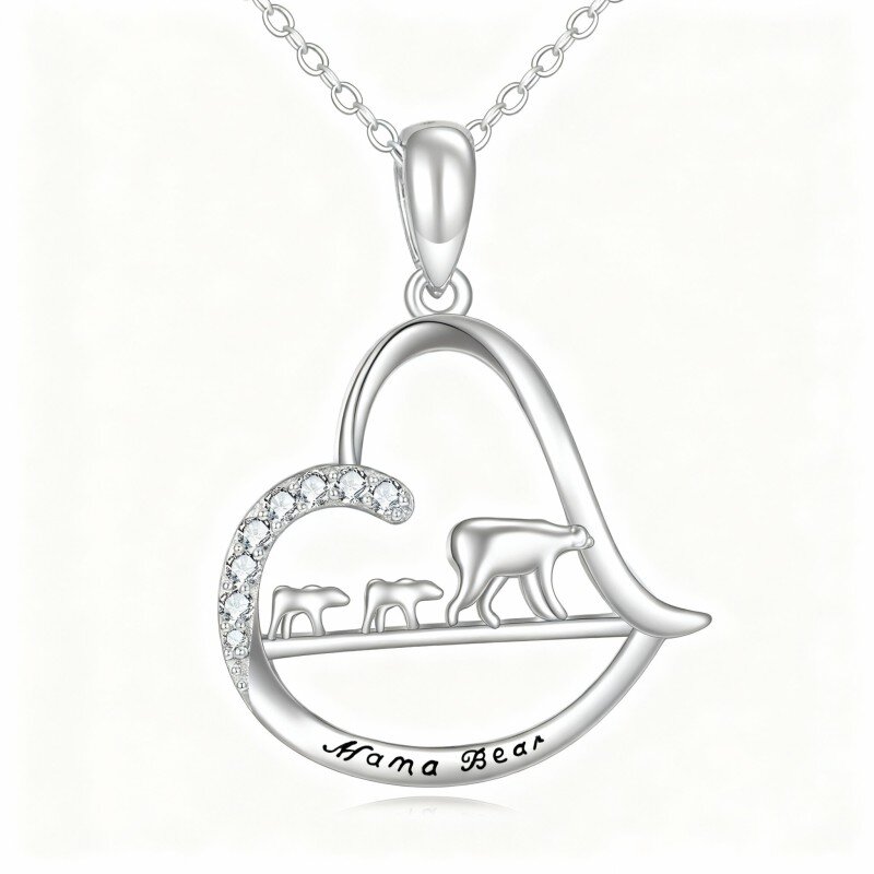Colar com pendente de urso, pais, filhos e coração em ouro branco 10K com zircónias cúbicas e gravação de palavras.-3
