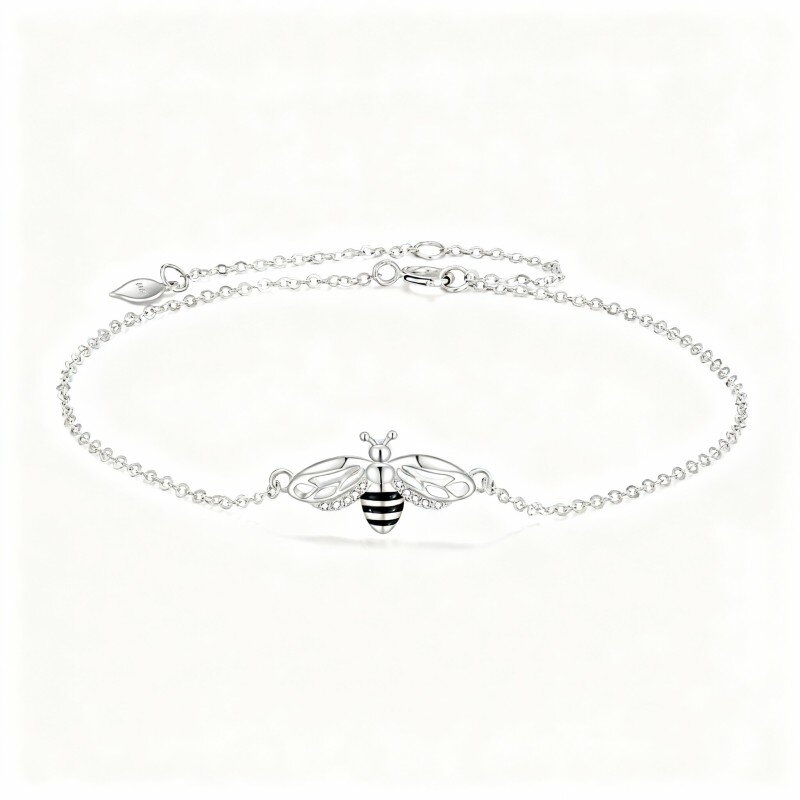 Pulseira com pendente de abelha em ouro branco 10K e zircónias cúbicas-15