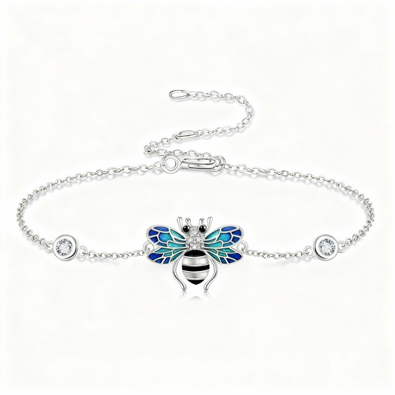 10K White Gold Cubic Zirconia Bee Charm Bracelet-1